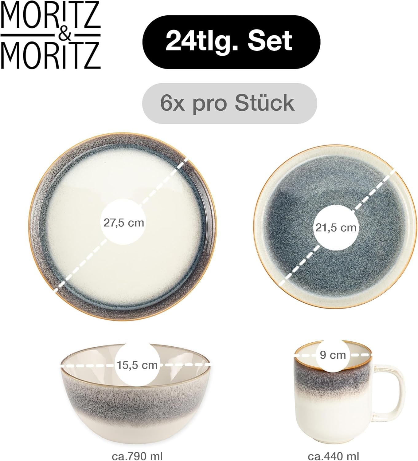 Moritz & Moritz TARENTO 24-częściowy zestaw obiadowy dla 6 osób, szary - Elegancki zestaw talerzy z kamionki wysokiej jakości - Zestaw obiadowy zawiera 6 talerzy obiadowych, 6 talerzy deserowych, 6 talerzy obiadowych i 6 filiżanek