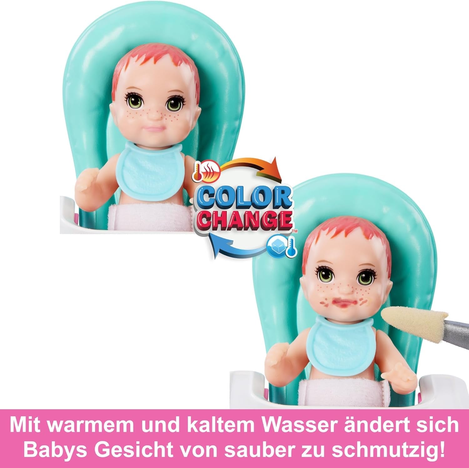 Barbie Skipper Lalka i akcesoria Zestaw do zabawy z jedzeniem Zestaw do opieki nad dziećmi Zabawka zmieniająca kolor HTK35