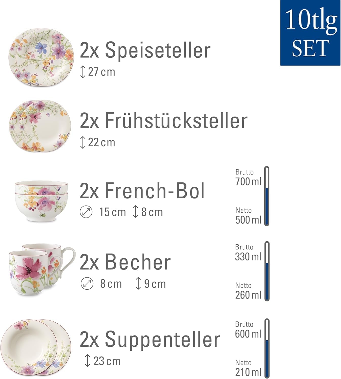 Zestaw startowy Villeroy & Boch Mariefleur, różne kolory, można myć w zmywarce, można używać w kuchence mikrofalowej, zestaw obiadowy dla 2 osób, zestaw naczyń obiadowych w kwiaty, zastawa stołowa, zestaw kombinowany, porcelana premium
