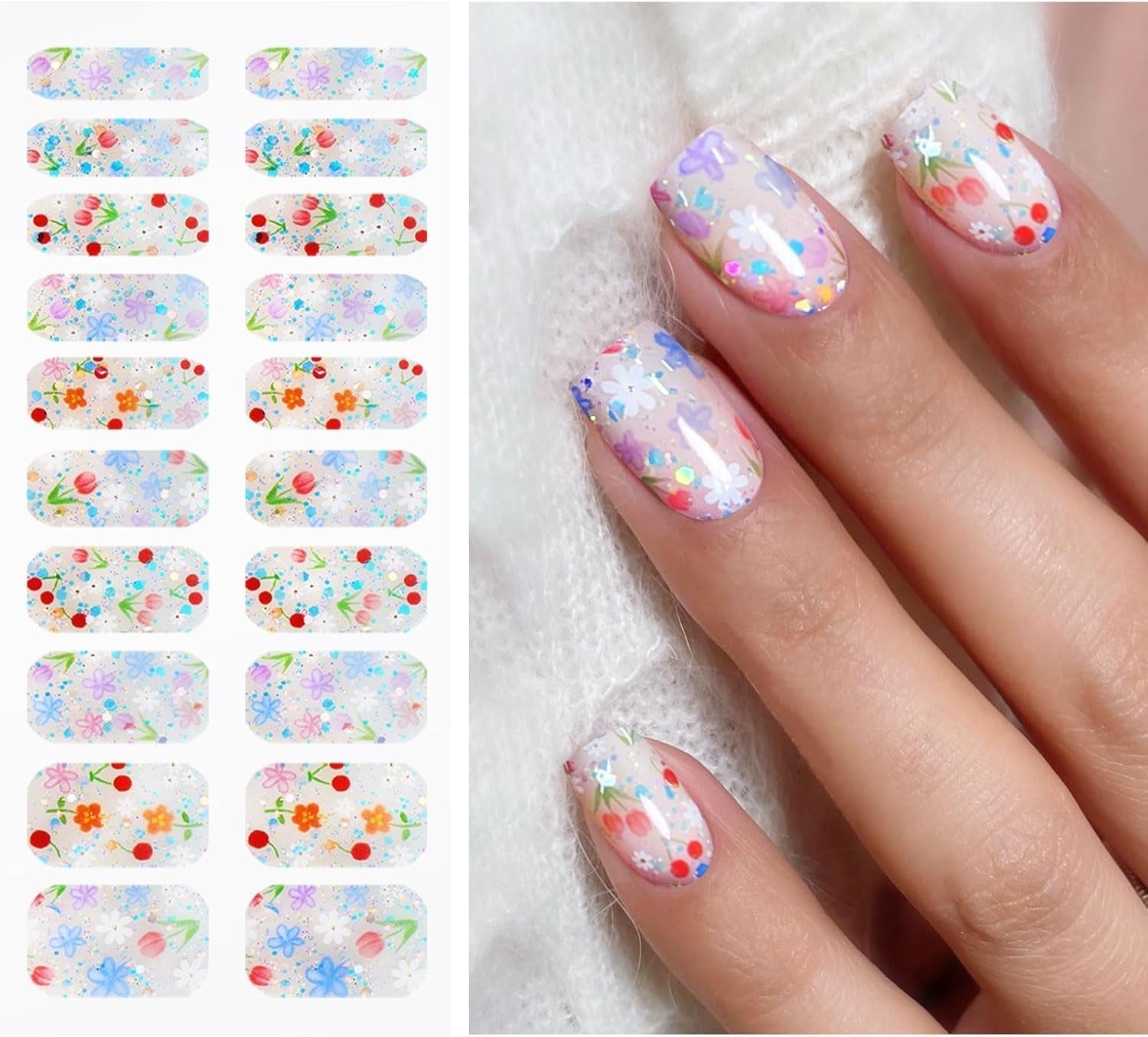JMEOWIO Nagelfolie UV Härtend Bunter Blumenglitzer Żelowe paski do paznokci UV Nagelsticker Nagelaufkleber Nail Art Dekoration Nageldesign Zubehör