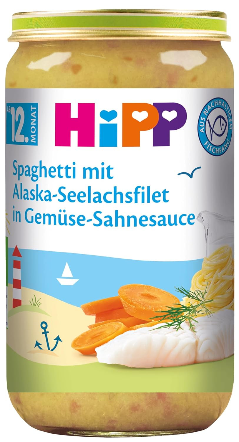HiPP Spaghetti z filetami z mintaja w kremowym sosie warzywnym, opakowanie 6 szt. (6 x 250 g)