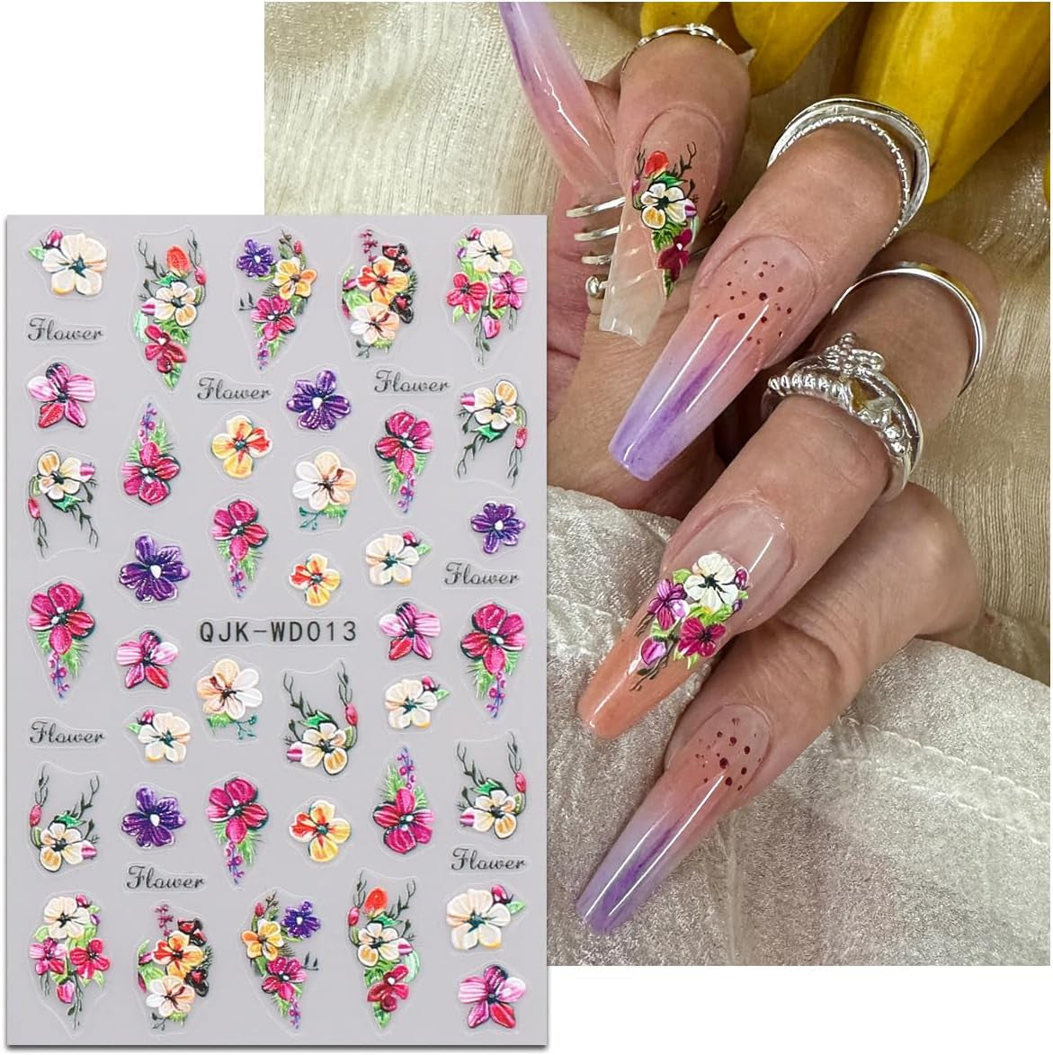 JMEOWIO Nagelsticker Blumen 6 Blatt Nail Art Naklejka Selbstklebend Nagelaufkleber Sommer Blumen Dekoration Nageldesign Zubehör