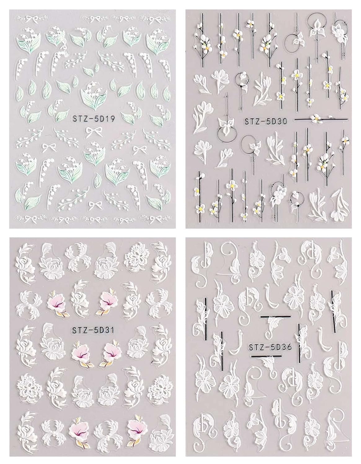 JMEOWIO 3D Nagelsticker Frühling Blume Nail Art Naklejka Selbstklebend Nagelaufkleber 5D Stereoskopisch Buntes Sommer Blumen Dekoration Nageldesign Zubehör 4 Blatt