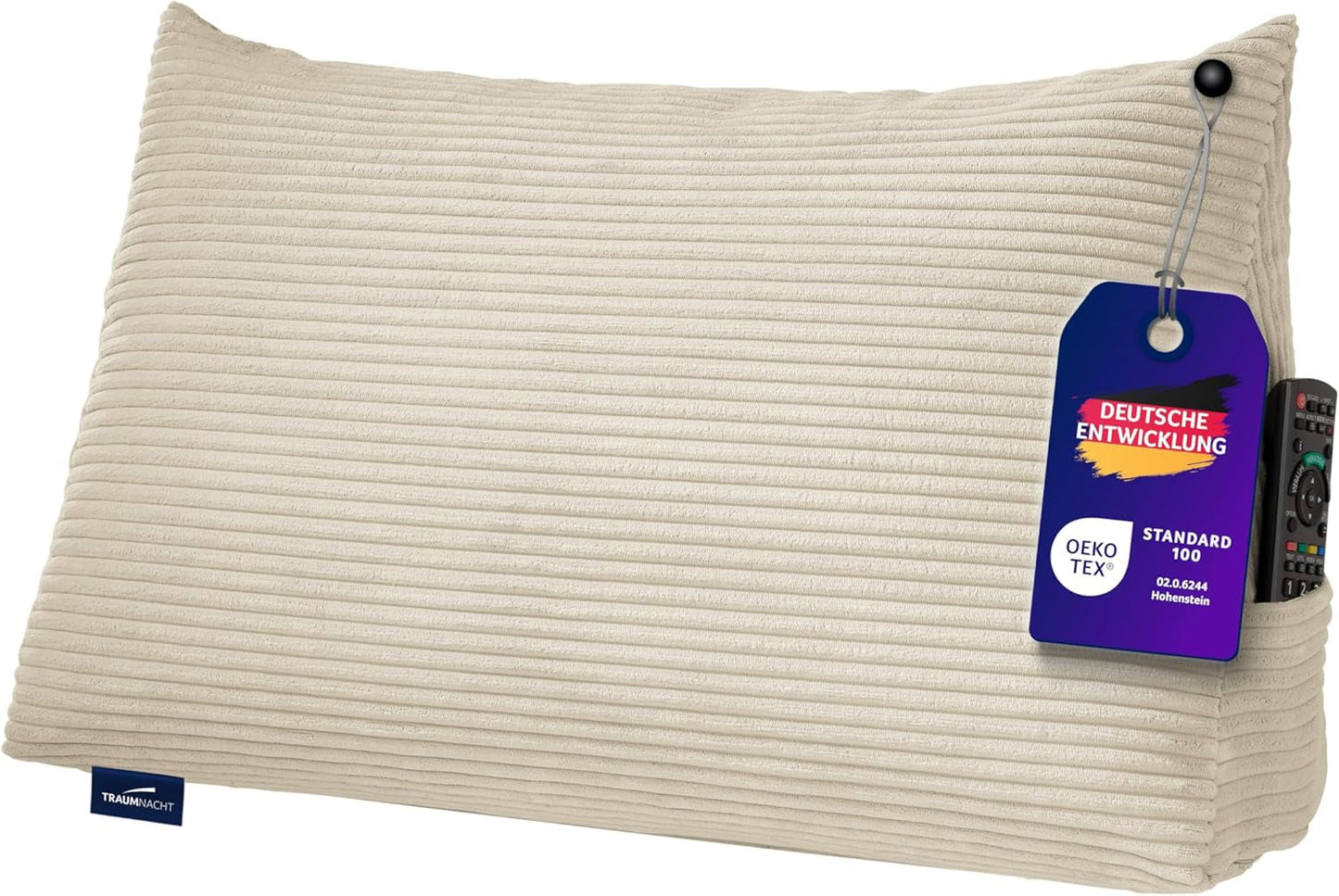 Poduszka Traumnacht Cozy Back, poduszka do czytania, 70 x 40 cm beżowa, zdejmowany i nadający się do prania poszewka wykonana w 100% z poliestru, praktyczna kieszeń boczna, certyfikat Oeko-Tex, wyprodukowana zgodnie z niemieckimi standardami jakości