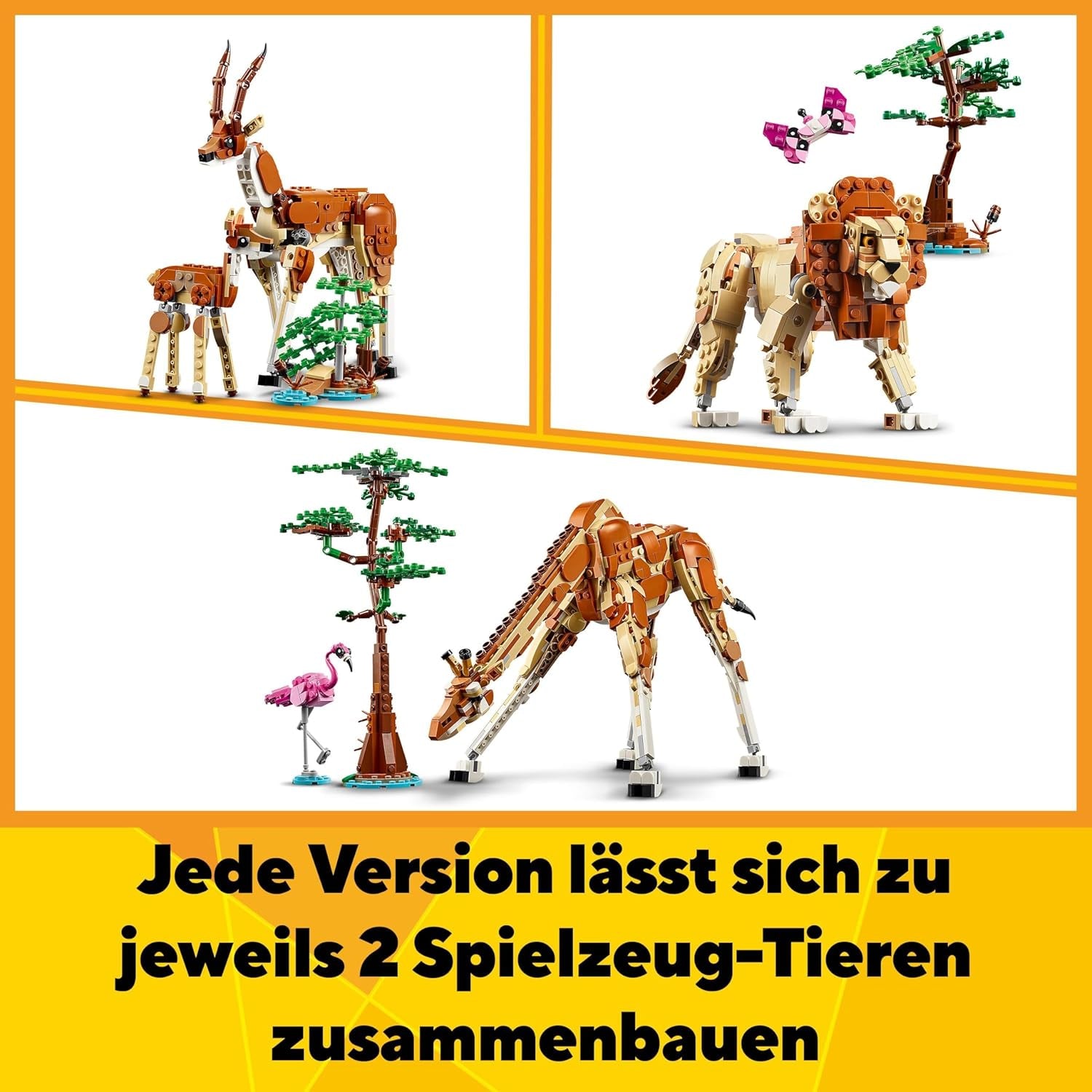 LEGO Creator 3w1 Animal Safari, kreatywny zestaw z figurkami zwierząt, 3 opcje budowania: zabawkowa żyrafa, gazela i lew, zabawkowe zwierzęta dla dziewcząt i chłopców, naturalny prezent dla dzieci w wieku od 9 lat 31150 Zestawy do budowania Beuche den LEGO-Store