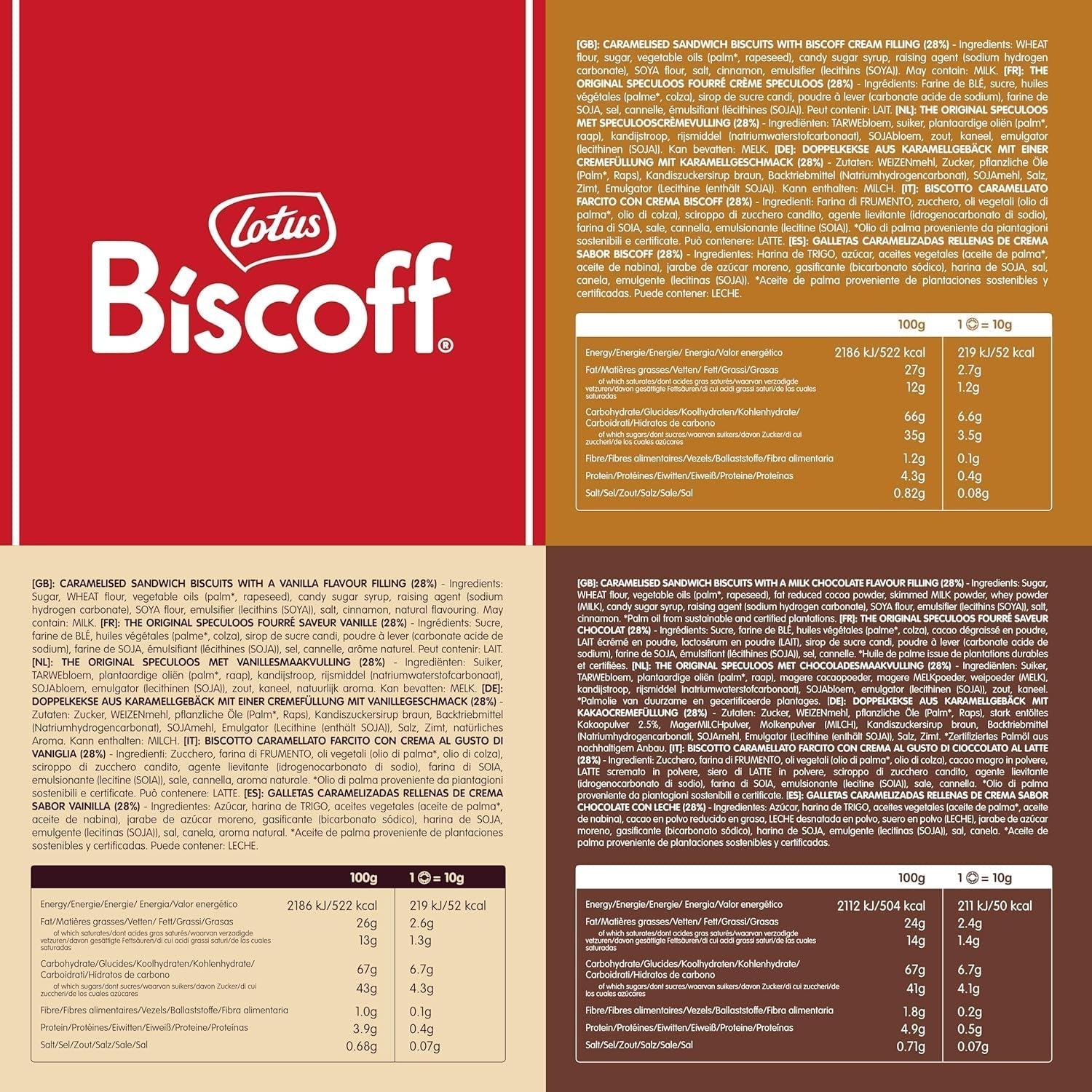 Lotos Biscoff | Pakiet odmian podwójnych ciastek | 3 odmiany: krem ​​biszkoptowy, aromat waniliowy i czekoladowy | 5 podwójnych ciastek w opakowaniu | Składniki pochodzenia naturalnego | Bez barwników | 16x50g | 800g