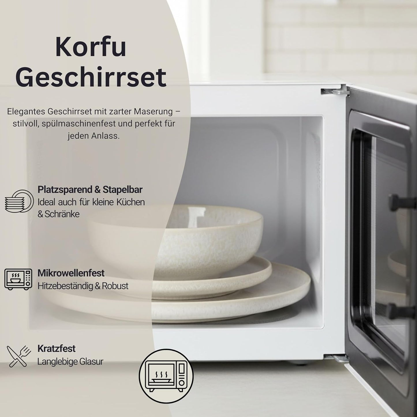 SANGER | 24-częściowy zestaw obiadowy z Korfu Serwis obiadowy na 8 ręcznie robionych ceramicznych zestawów obiadowych obejmujący talerze obiadowe Talerze deserowe i talerze Suma Kremowe naczynia stołowe o piaskowej fakturze