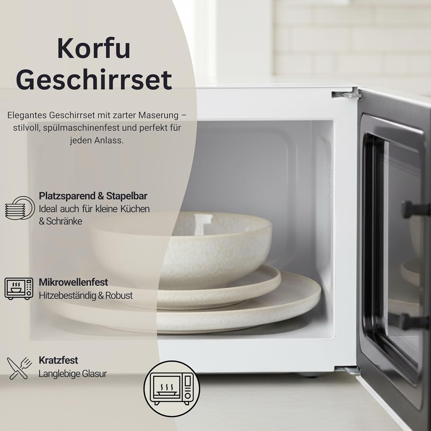 SANGER | 24-częściowy zestaw obiadowy z Korfu Serwis obiadowy na 8 ręcznie robionych ceramicznych zestawów obiadowych obejmujący talerze obiadowe Talerze deserowe i talerze Suma Kremowe naczynia stołowe o piaskowej fakturze