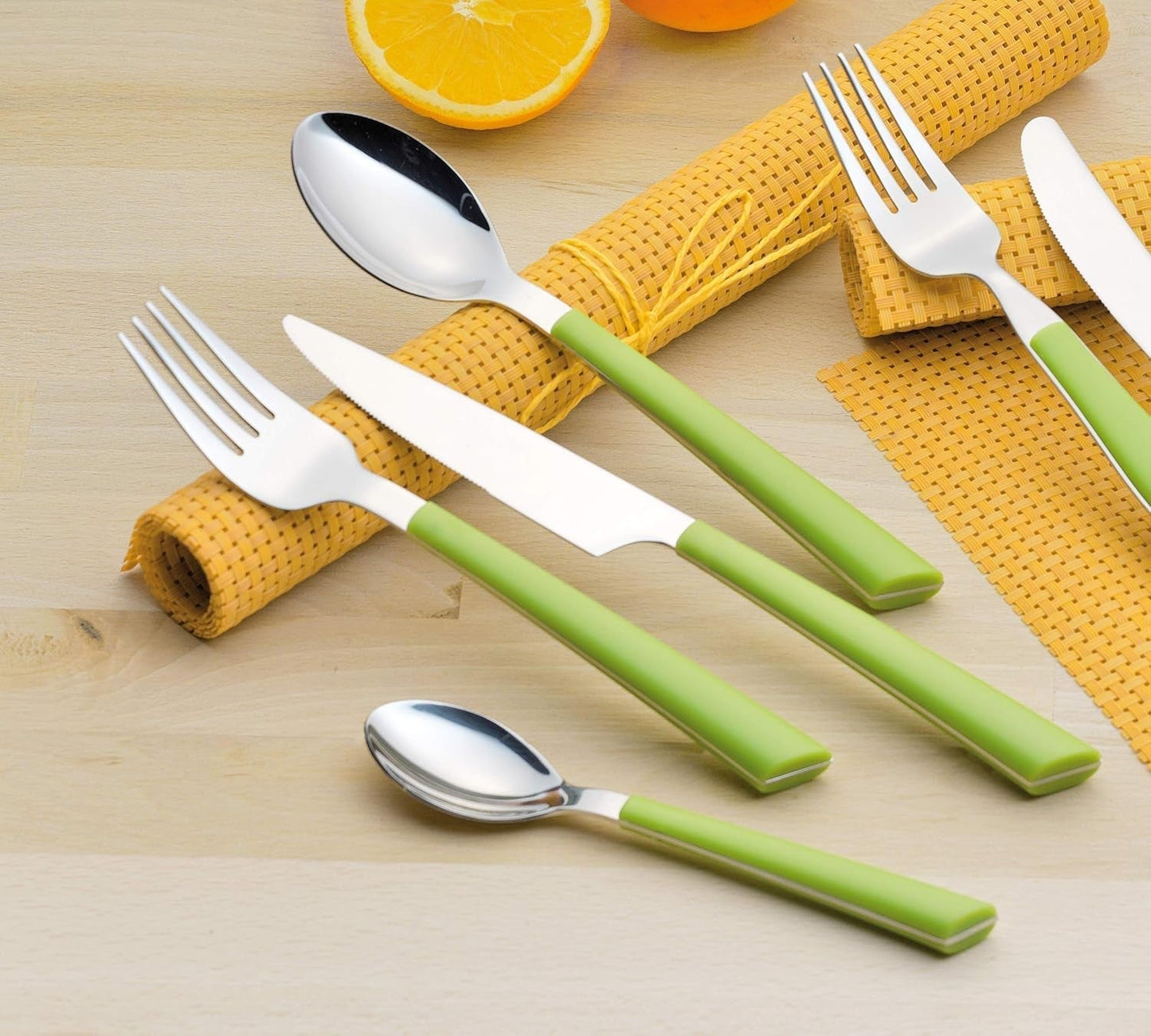 Sztućce JANE, stal nierdzewna polerowana 18/0, zielone plastikowe uchwyty, 24 sztuki Kitchen Naty Shop