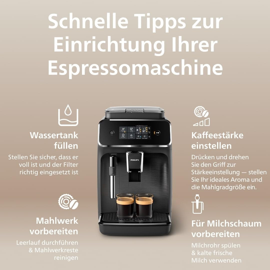 Ekspres automatyczny PHILIPS seria 2200 - 2 specjalności kawowe, wyświetlacz dotykowy, klasyczny spieniacz do mleka, młynek ceramiczny, czarny mat (EP2220/10)