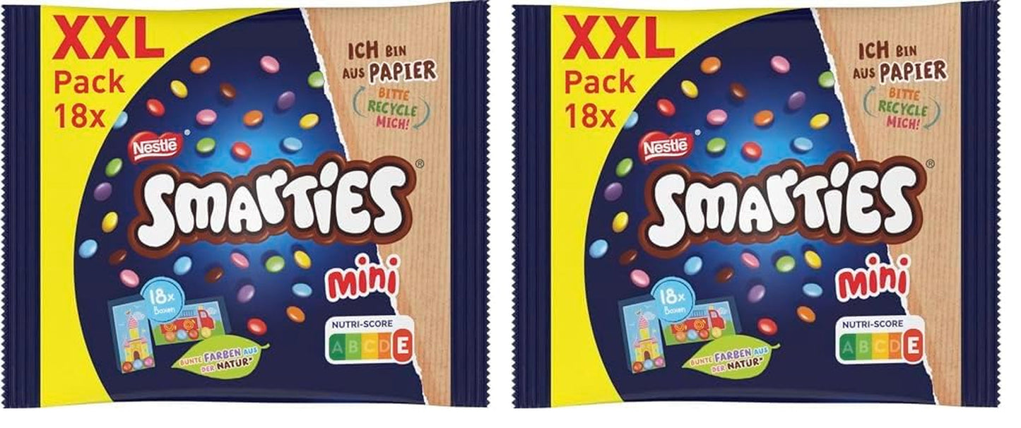 Woreczki Nestlé SMARTIES Mini XXL, soczewica w kolorze czekolady, idealne do dzielenia się i zabawy z rodziną i przyjaciółmi, naturalne kolory, opakowanie nadające się do recyklingu, opakowanie 2 szt. (1 x 259 g)