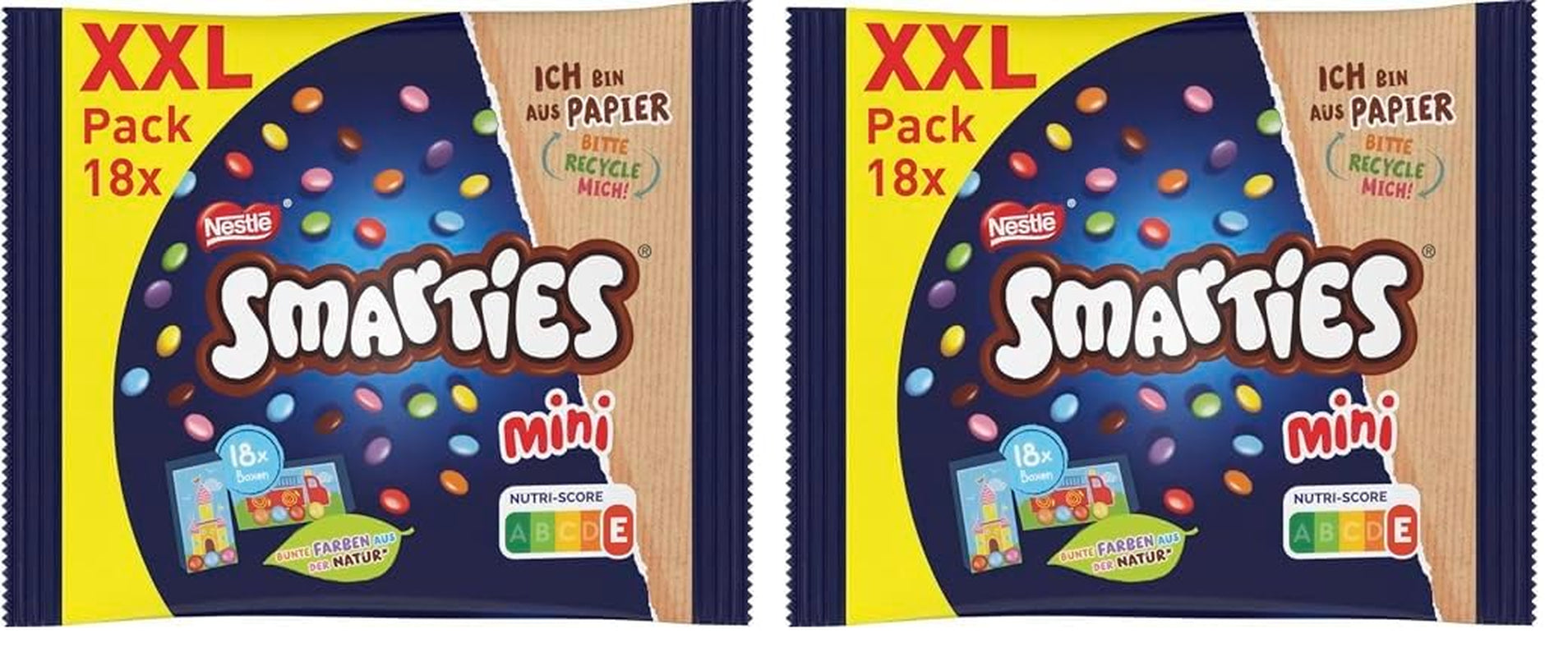 Woreczki Nestlé SMARTIES Mini XXL, soczewica w kolorze czekolady, idealne do dzielenia się i zabawy z rodziną i przyjaciółmi, naturalne kolory, opakowanie nadające się do recyklingu, opakowanie 2 szt. (1 x 259 g)