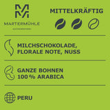 Martermühle Peru Bio Kaffeebohnen 1kg mittelkräftig I Arabica I Aromat: mleczna czekolada, nuty kwiatowe, orzechy I Ganze Bio Kaffee-Bohnen schonend geröstet, säurearm