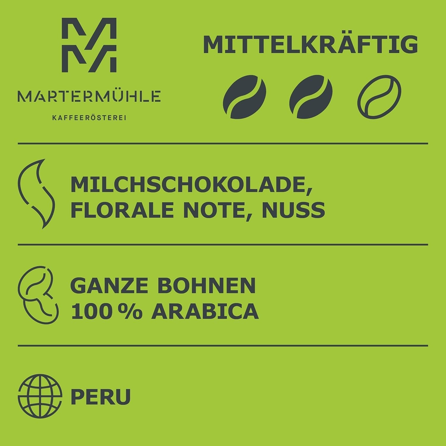 Martermühle Peru Bio Kaffeebohnen 1kg mittelkräftig I Arabica I Aromat: mleczna czekolada, nuty kwiatowe, orzechy I Ganze Bio Kaffee-Bohnen schonend geröstet, säurearm