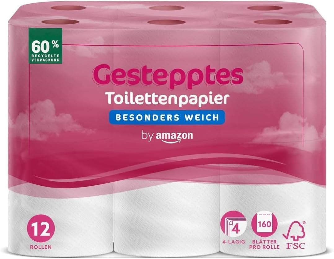 Papier toaletowy Amazon, 4-warstwowy pikowany, wyjątkowo miękki, 48 rolek (12 rolek, opakowanie 4), 160 arkuszy w rolce, certyfikat Fsc