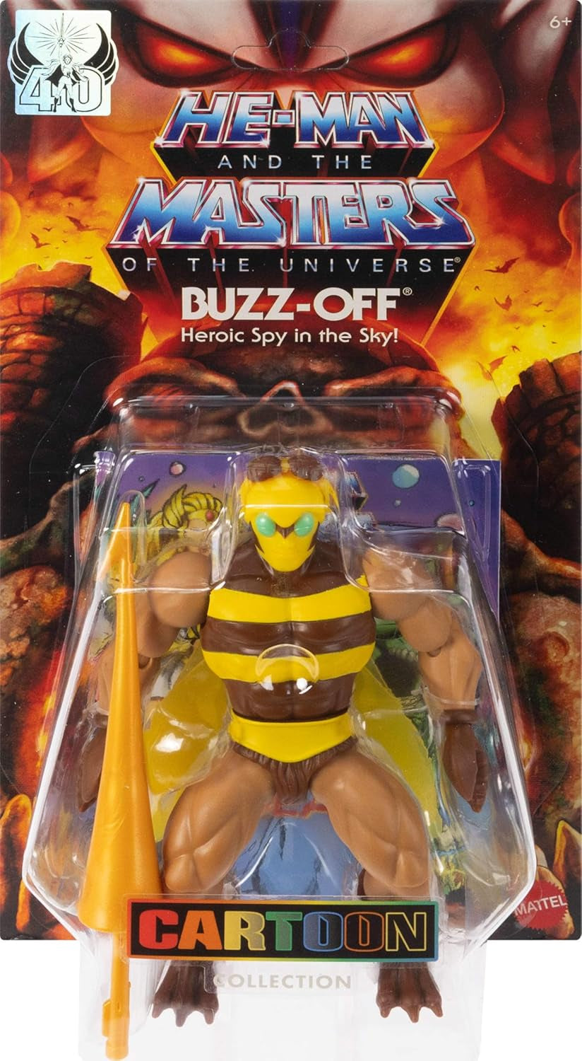 Masters of the Universe Origins Figurka Buzz-Off z kolekcji kreskówek, wysokość około 14 cm, z telewizji z lat 80., Przywódca pszczół ze skrzydłami i okularami z oszczepem, JBM88 Figurki Naty Shop