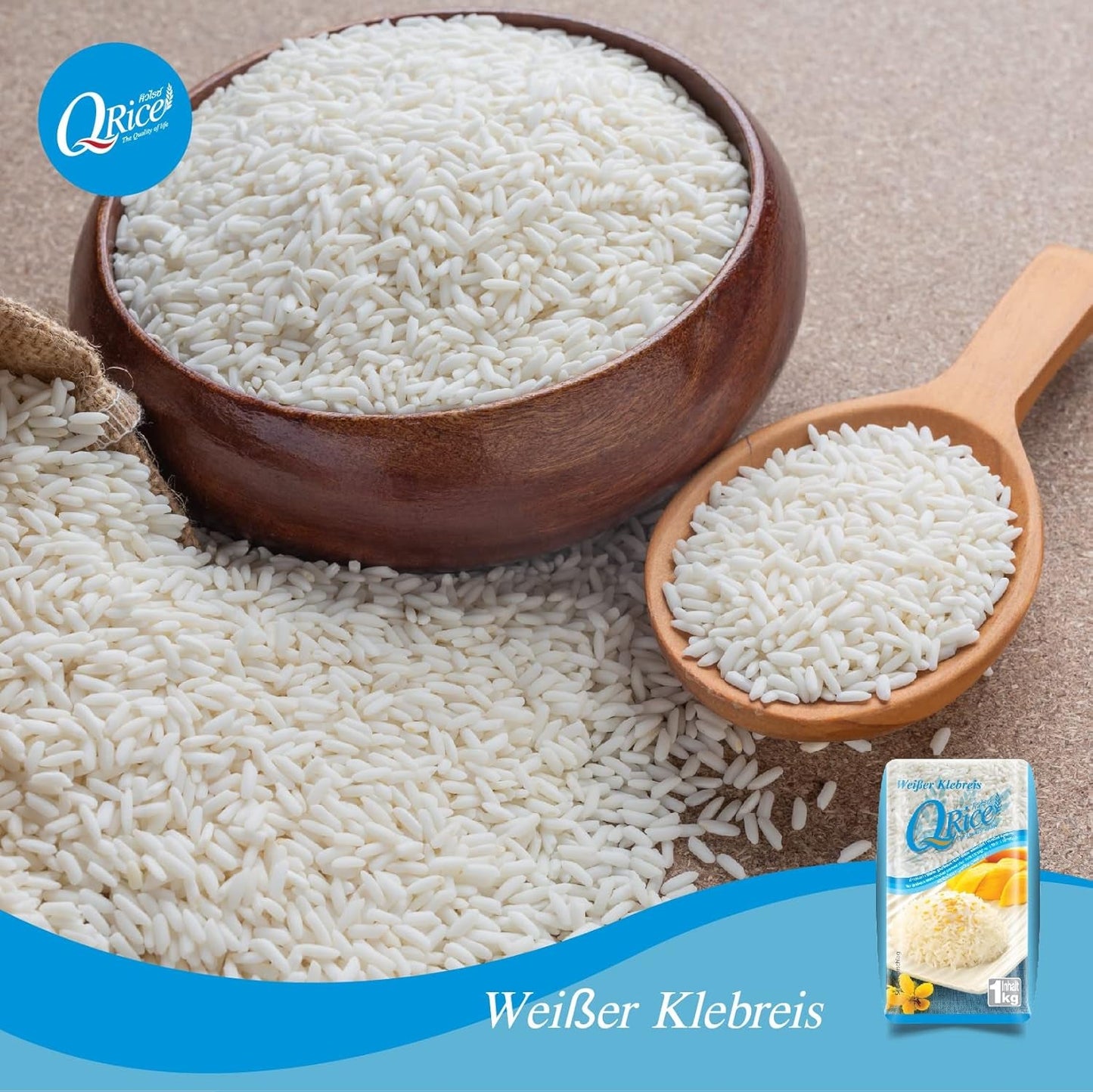 Q RYŻ | Weißer Klebreis Langkorn z Tajlandii | Aromatisch mit klebriger Textur | Idealny do curry, sushi, mochi lub puddingu ryżowego 1 x 1 kg