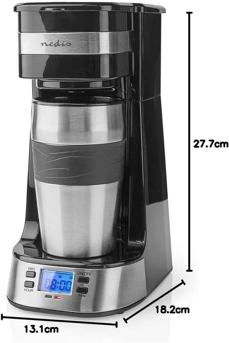 Espressor NEDIS - Kawa filtrowana - 0,4 l - 1 filiżanka - Timer - Czarny / Srebrny