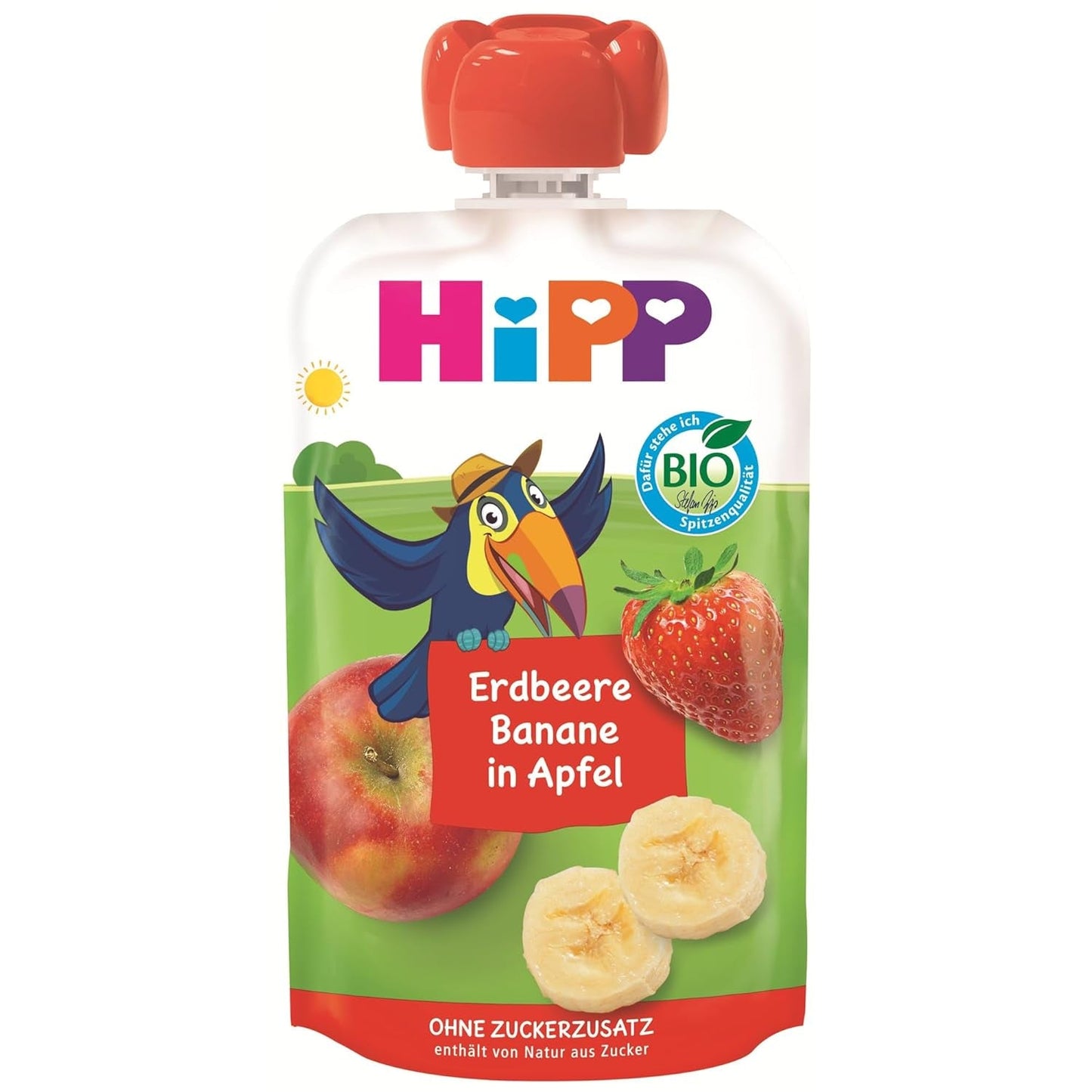 HiPP Organiczna wyciskana torebka owocowa z truskawkami i bananami w kolorze jabłka - Theo Tukan (8 x 100g), od 1 roku, 100% przecieru owocowego, bez dodatku cukru, wegańskie, najwyższej jakości organicznej