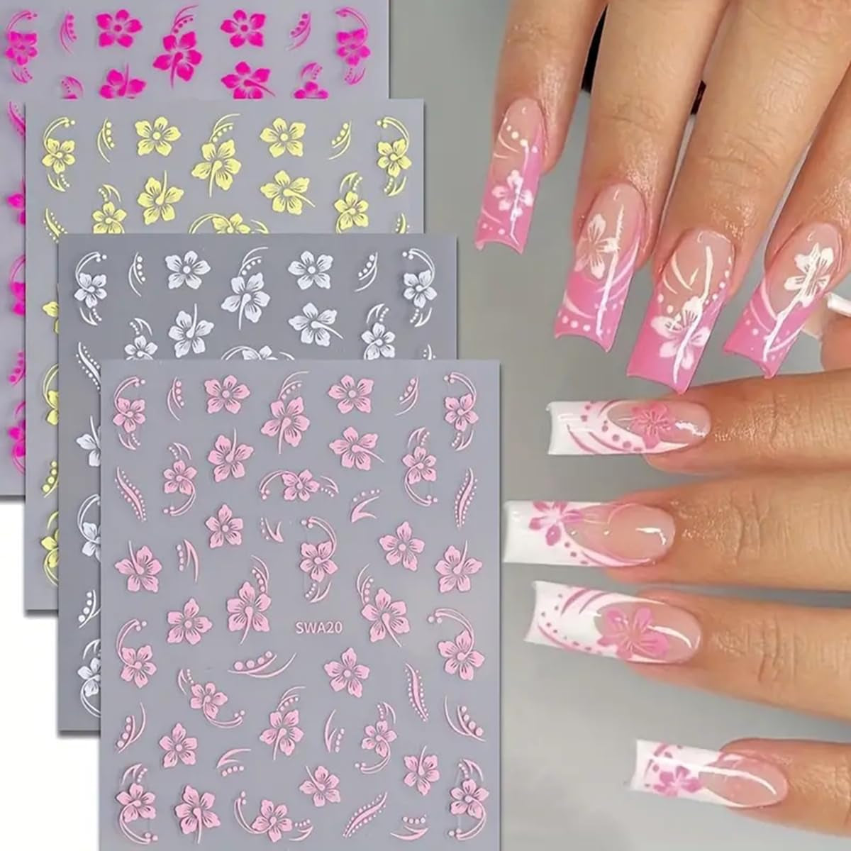 8 Stück Hibiskus Nagelsticker, 3D Selbstklebende Blumen Nagelaufkleber, Weiß Rosa Gelb Magenta Sommer Neonail naklejka, Nail Art Zubehör Nagel Deko für Frauen