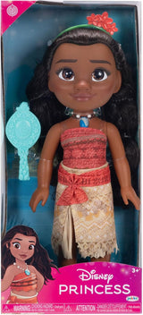 Lalka Disney Princess Moana 35 cm, odblaskowe, brokatowe oczy, ruchome stawy, odpinany strój, klips w kształcie kwiatka, długie włosy, dla dziewczynek w wieku 3 lat i więcej