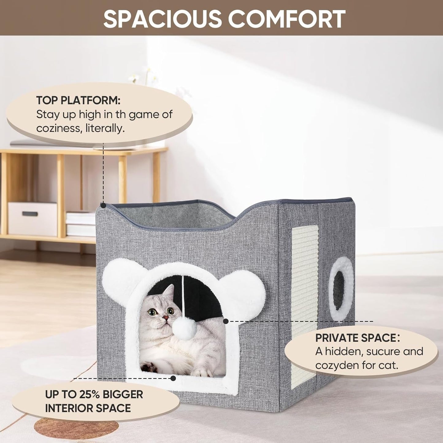 Katzenbetten für Indoor Katzen, Faltbares Katzenhaus, Katzenhöhle 2 Schicht Würfel Großer Raum Katzenbett mit Kratzbrett und Spielball, 15,8 x 15,8 x 15 cali