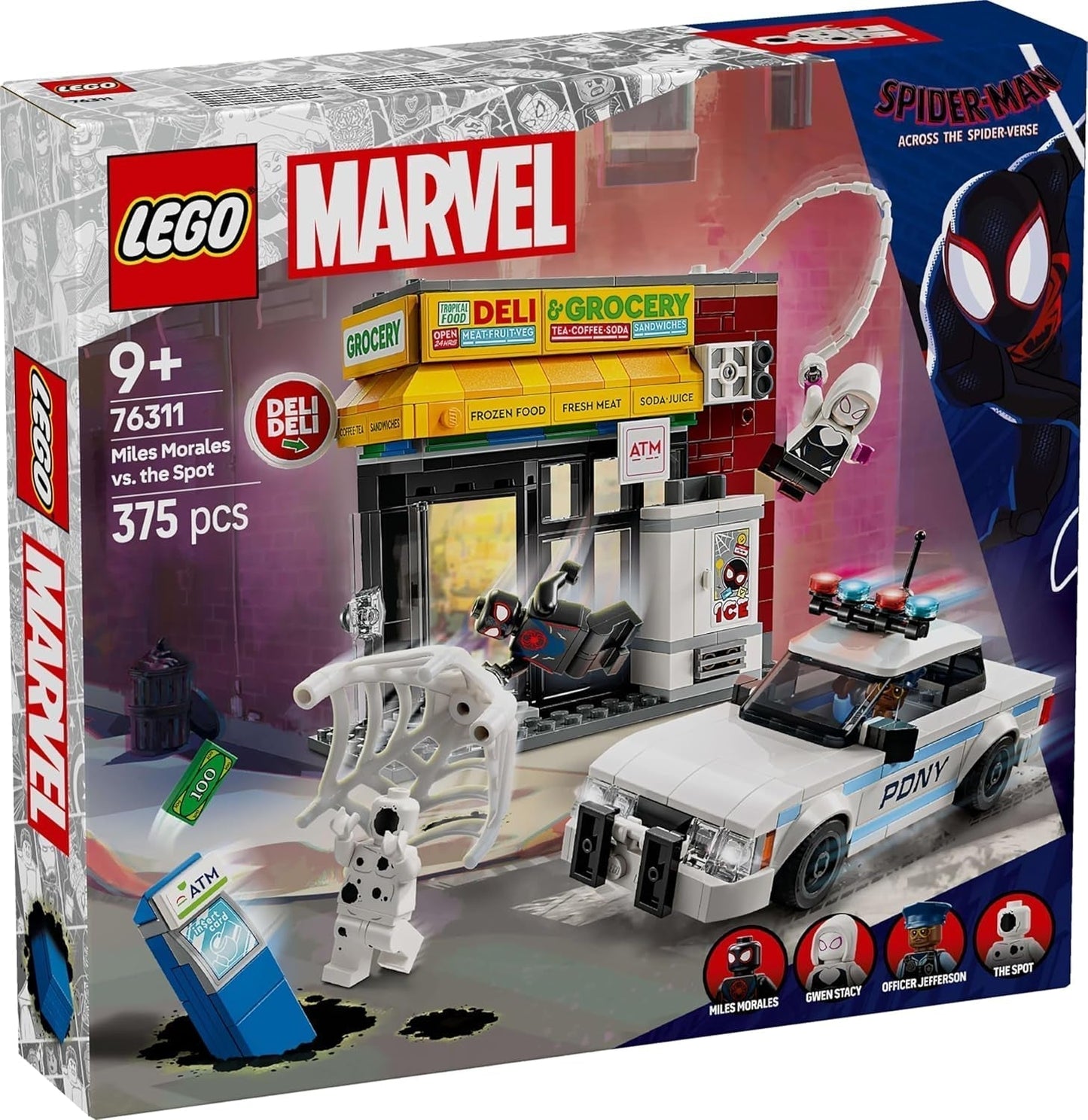 LEGO Marvel Spider-Verse: Miles Morales kontra. Spot — zestaw superbohaterów z samochodzikiem — 4 minifigurki i minimarket — prezent dla chłopców i dziewcząt w wieku od 9 lat 76311 Zestawy do budowania Besuche den LEGO-Store