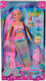 Simba 105733610 - Steffi Love Rainbow Mermaid, tęczowa lalka syrenka z kolorowymi włosami, spinkami do włosów, grzebieniem i odpinaną płetwą, lalka do zabawy 29 cm, od 3 lat