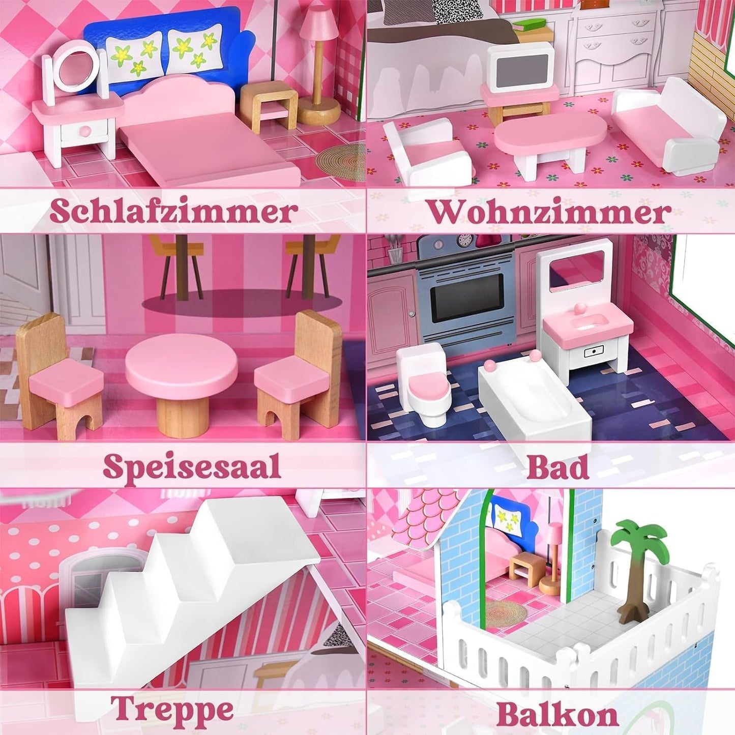 HENGMEI Puppenhaus Kinder Holz Puppenvilla Zestaw domków dla lalek Mädchen Spielset 3 Etagen Haus mit Möbeln und Zubehör, 70x30x100cm Puppenhäuser für Kinder (typ B)