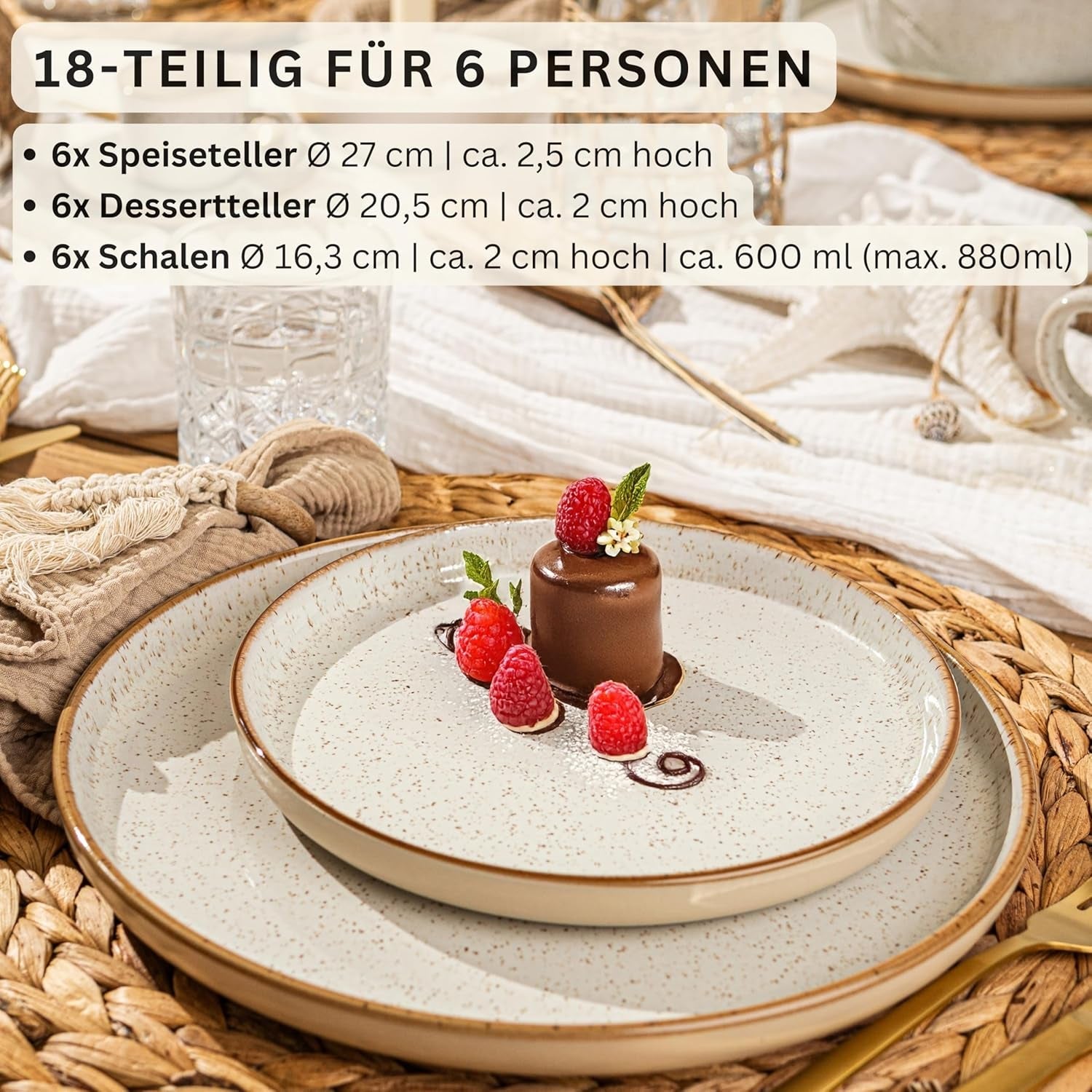 SĘNGER Rio Creme | 18-częściowy zestaw naczyń obiadowych z kamionki dla 6 osób, w tym 6 talerzy obiadowych, 6 talerzy deserowych i 6 misek | KOLEKCJA WARTOŚCIOWA