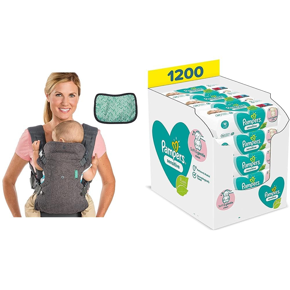 Pampers Sensitive Flip Advanced Nosidełko 4 w 1 ze śliniakiem i chusteczkami, 1200 chusteczek (15 x 80) do wrażliwej skóry dziecka, testowane dermatologicznie, niezbędnik noworodka