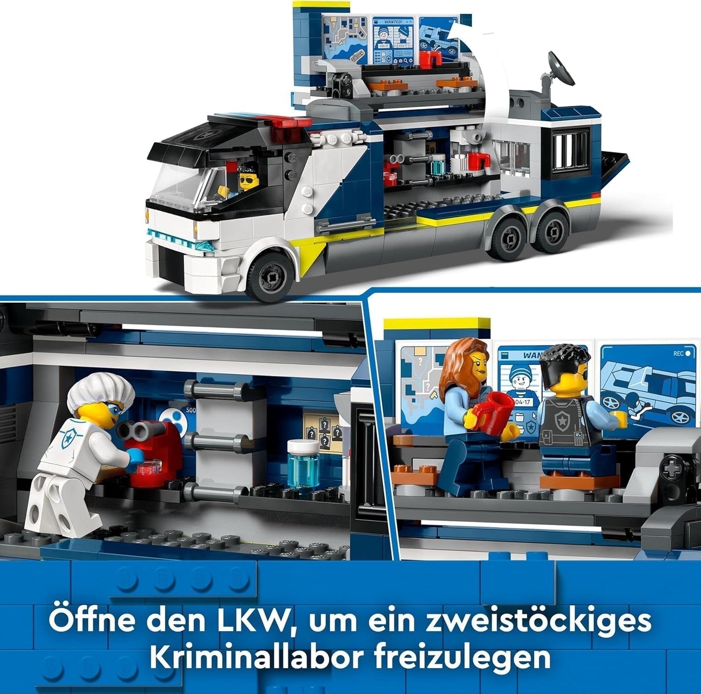 LEGO City Ciężarówka policyjna z laboratorium, quad policyjny i zabawkowa ciężarówka dla dzieci, prezent dla chłopców i dziewcząt od 7 lat oraz 5 minifigurek — 2 policjantów, 1 naukowiec i 2 oszustów 60418 Zestawy do budowania Szukaj w sklepie LEGO
