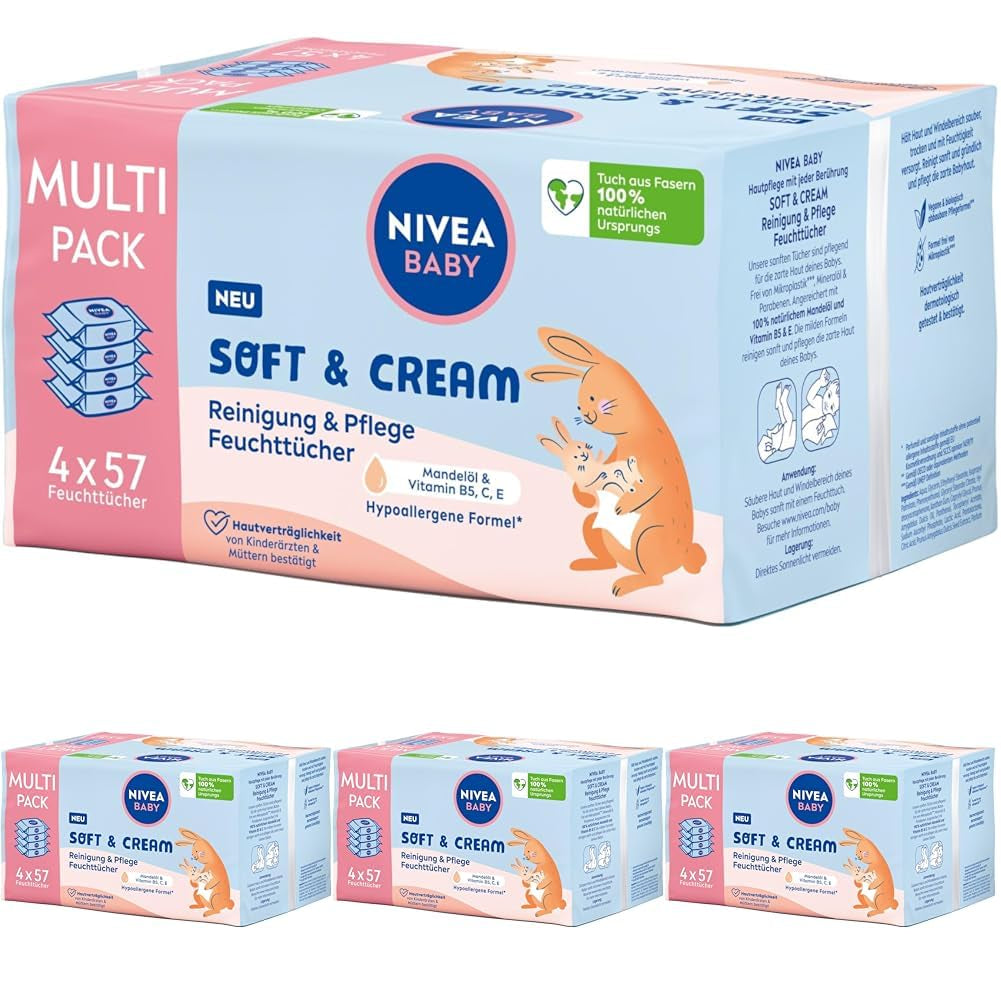 NIVEA BABY Soft & Cream chusteczki nawilżane dla niemowląt (4 x 57 sztuk)