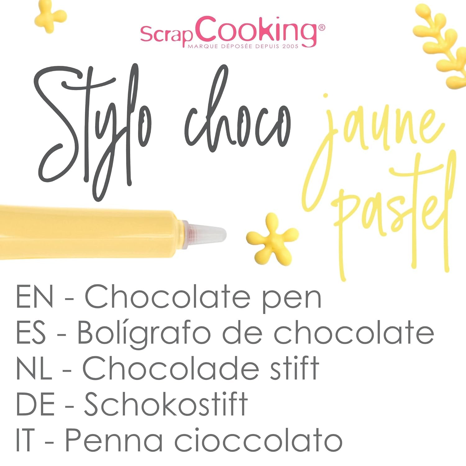 Scrapcooking - Pastelowy żółty długopis cukrowy - Żółty cukier do pisania 25g - Dekoracyjny długopis z cukrem jadalnym - Pisanie i rysowanie - Etykietowanie Fondant, Lukier, Ciasta - 6804