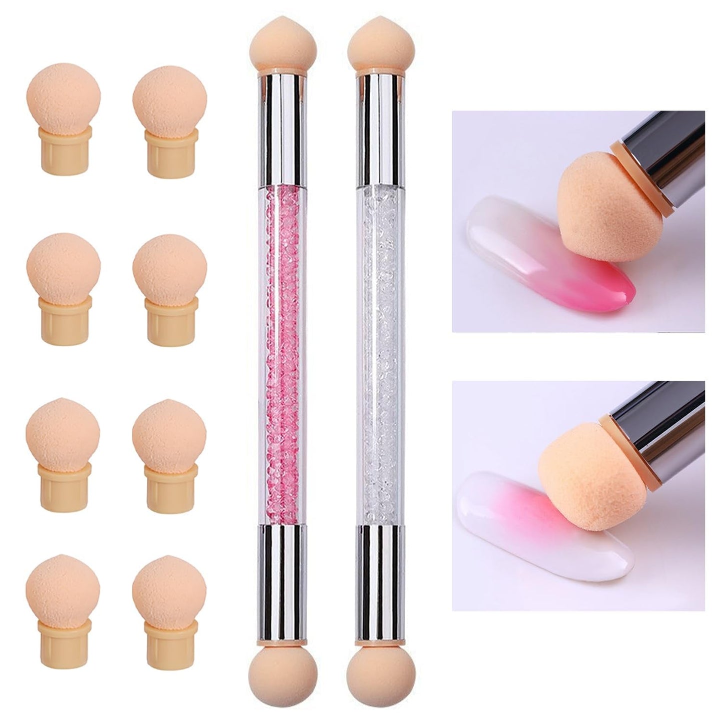 2 Stück Nail Art Rendering-Werkzeuge Doppelter Kopf, Gąbkowy aplikator z pędzelkiem Inkl 8 Ersatzköpfe, Nail Art Schwamm Und Tupfpinsel(Weiß, Rosa)
