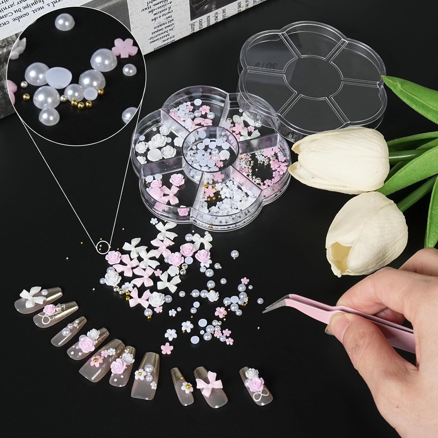 Charms do paznokci 3D, Charms do zdobienia paznokci Schleifen, Blumen i Perlen, Nagel Charms Aus Harz, Zestawy Nageldekorations, DIY Charms Nägel, Nagelanhänger