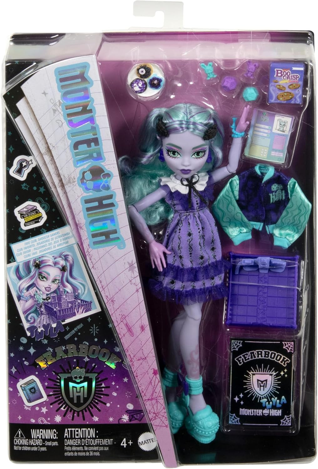Zestaw akcesoriów Monster High Fearbook Twyla i klubu filmowego, kurtka studencka, album dyplomowy, gra planszowa i ciasteczka, HXW31