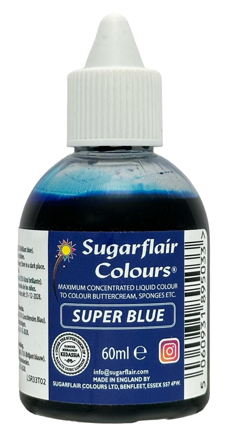 Sugarflair Super Blue Liquid Food Coloring - Wysoce skoncentrowany barwnik spożywczy do barwienia pasty cukrowej, kremu maślanego, lukru, makaroników, dekoracji ciast i nie tylko - 60ml