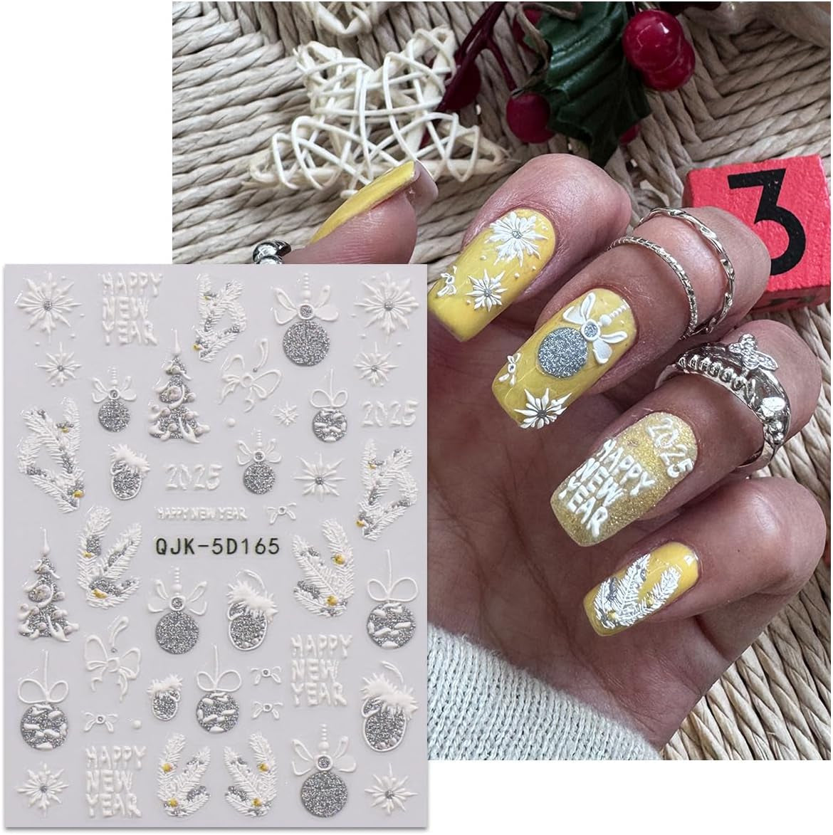 JMEOWIO 3D Nagelsticker Weihnachten Glitzer Nail Art Naklejka Selbstklebend Nagelaufkleber 5D Stereoskopisch Schneeflocke Winterurlaub Süß Dekoration Nageldesign Zubehör 4 Blatt