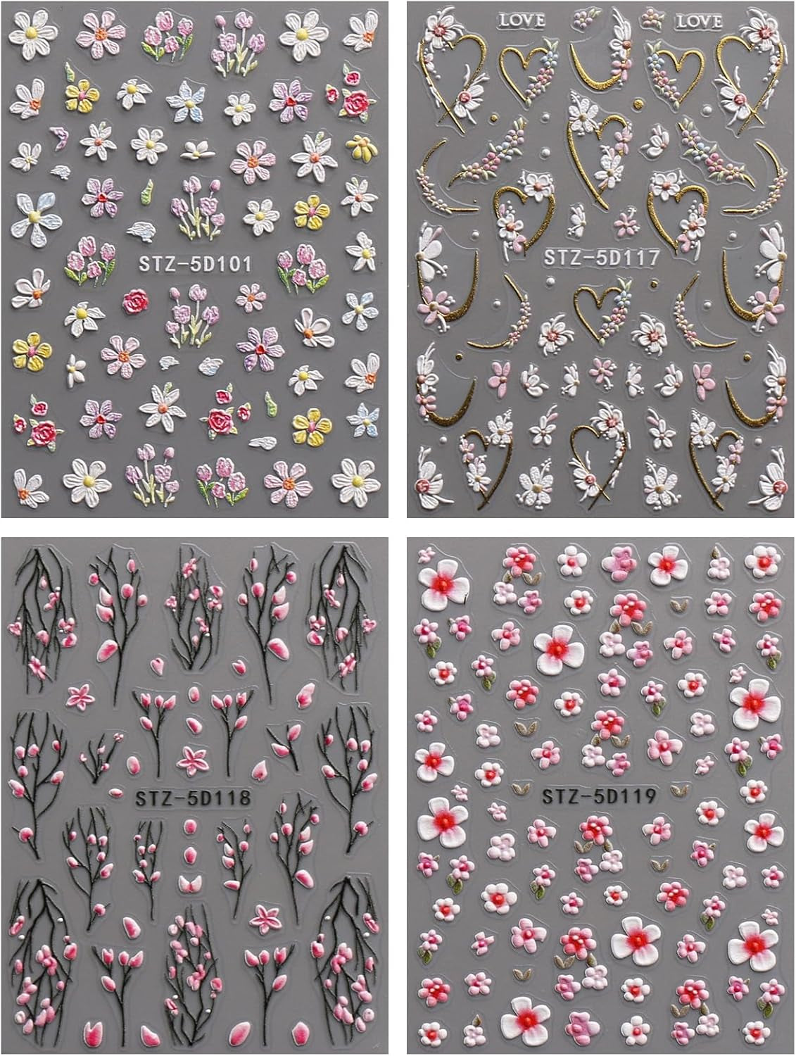 JMEOWIO 3D Nagelsticker Blume Nail Art Naklejka Selbstklebend Nagelaufkleber 5D Stereoskopisch Frühling Letnia dekoracja kwiatowa Nageldesign Zubehör 4 Blatt