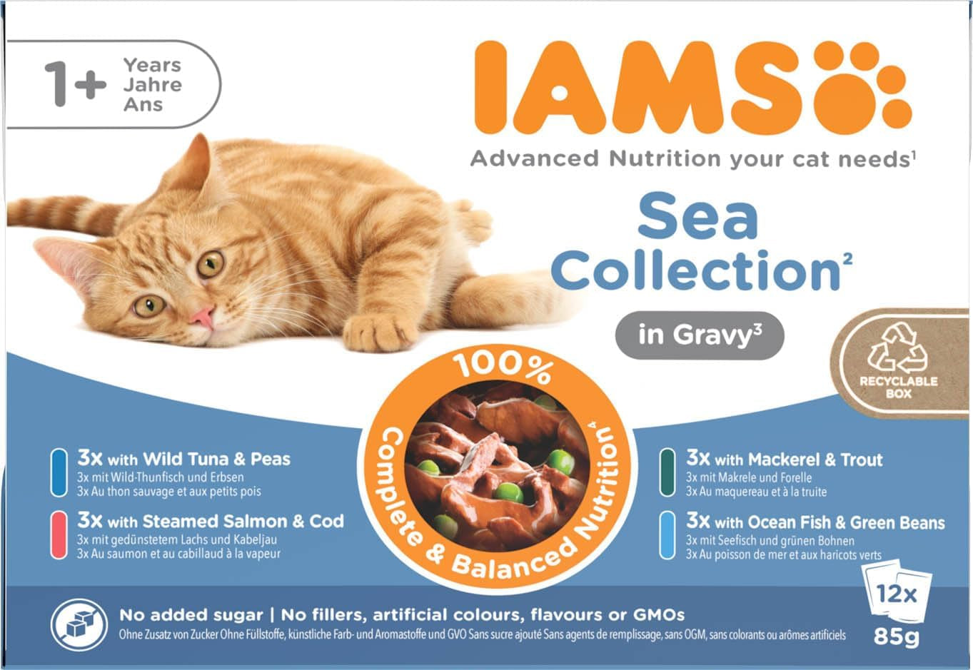 IAMS Delights Sea Collection Katzenfutter Nass - Opakowanie zbiorcze z Fisch Sorten (Lachs, Thunfisch, Makrela, Seefisch) w sosie, Nassfutter für Katzen od 1 Jahr, 12 x 85g