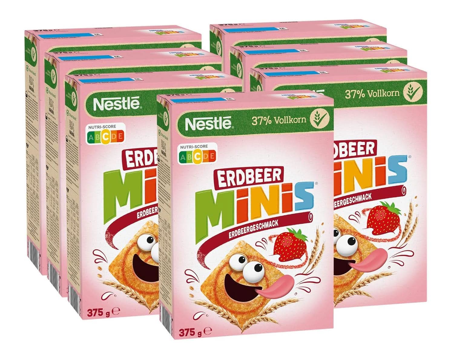 NESTLE Strawberry Minis, płatki zbożowe o smaku truskawkowym z mąką razową, zestaw 7 x 375 gramów Zboża Naty Shop