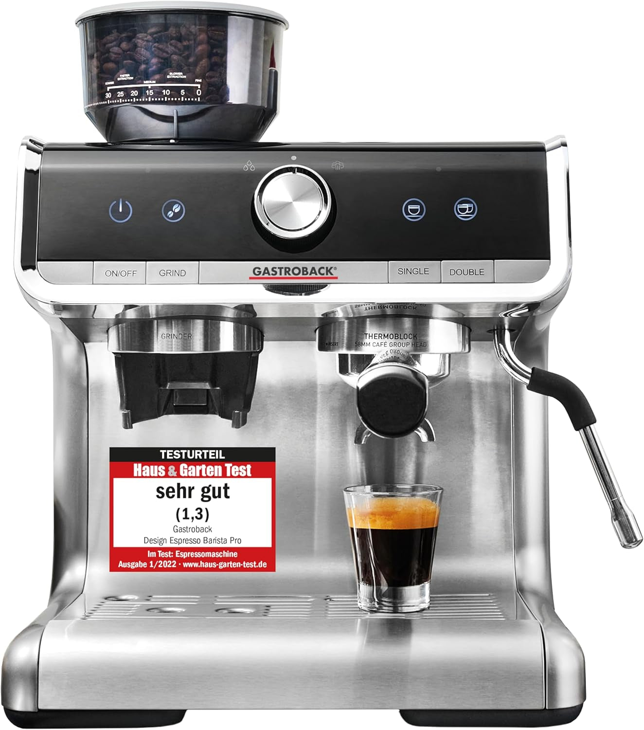 Ekspres do kawy GASTROBACK ze młynkiem, dzbankiem na mleko, dociskiem i kolbą ze stali nierdzewnej - Ekspres Barista ze spieniaczem do mleka - Ekspres do espresso z 30 stopniami mielenia