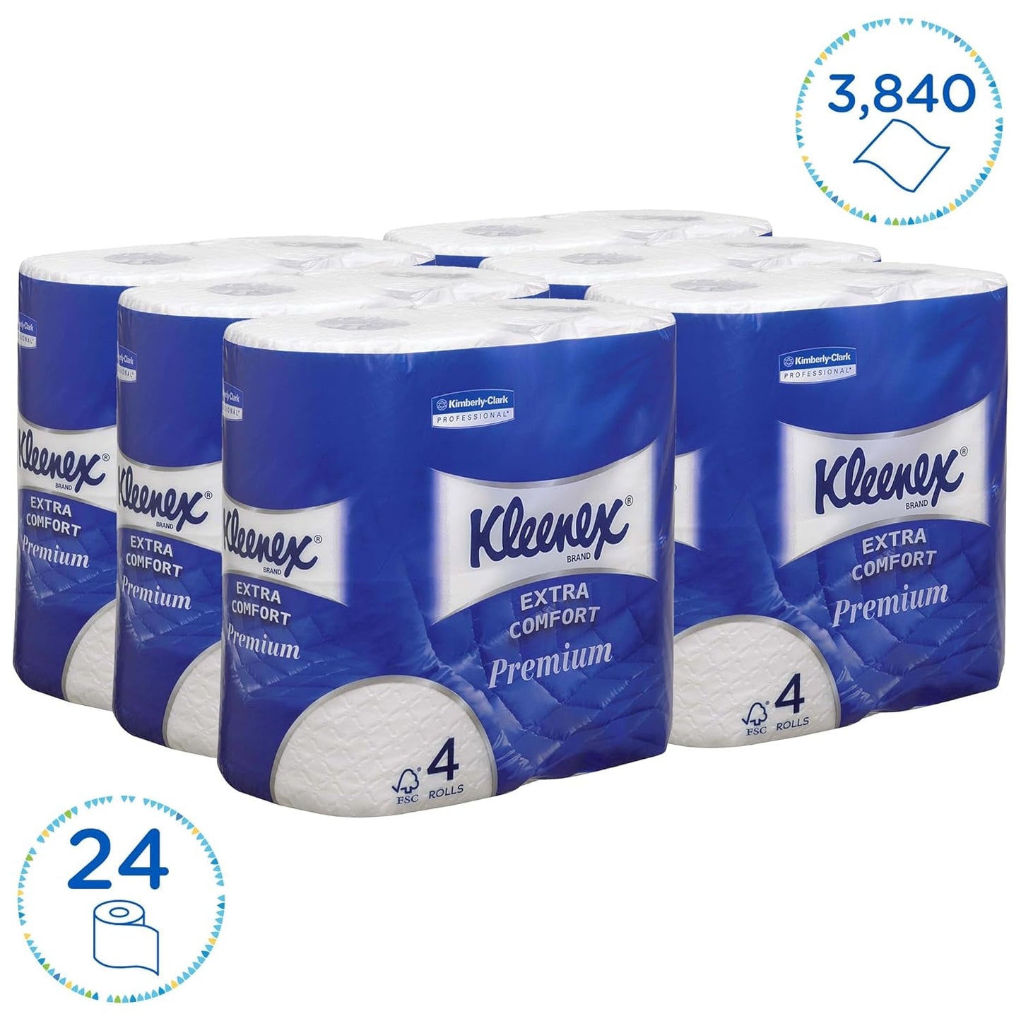 Rolki papieru toaletowego Kleenex Premium 8484, papier toaletowy 24 rolki x 160 dmuchanych arkuszy, 4-warstwowy papier toaletowy, 100% czystego włókna, wysokiej jakości, odporny na rozdarcie i miękki (2 opakowania)