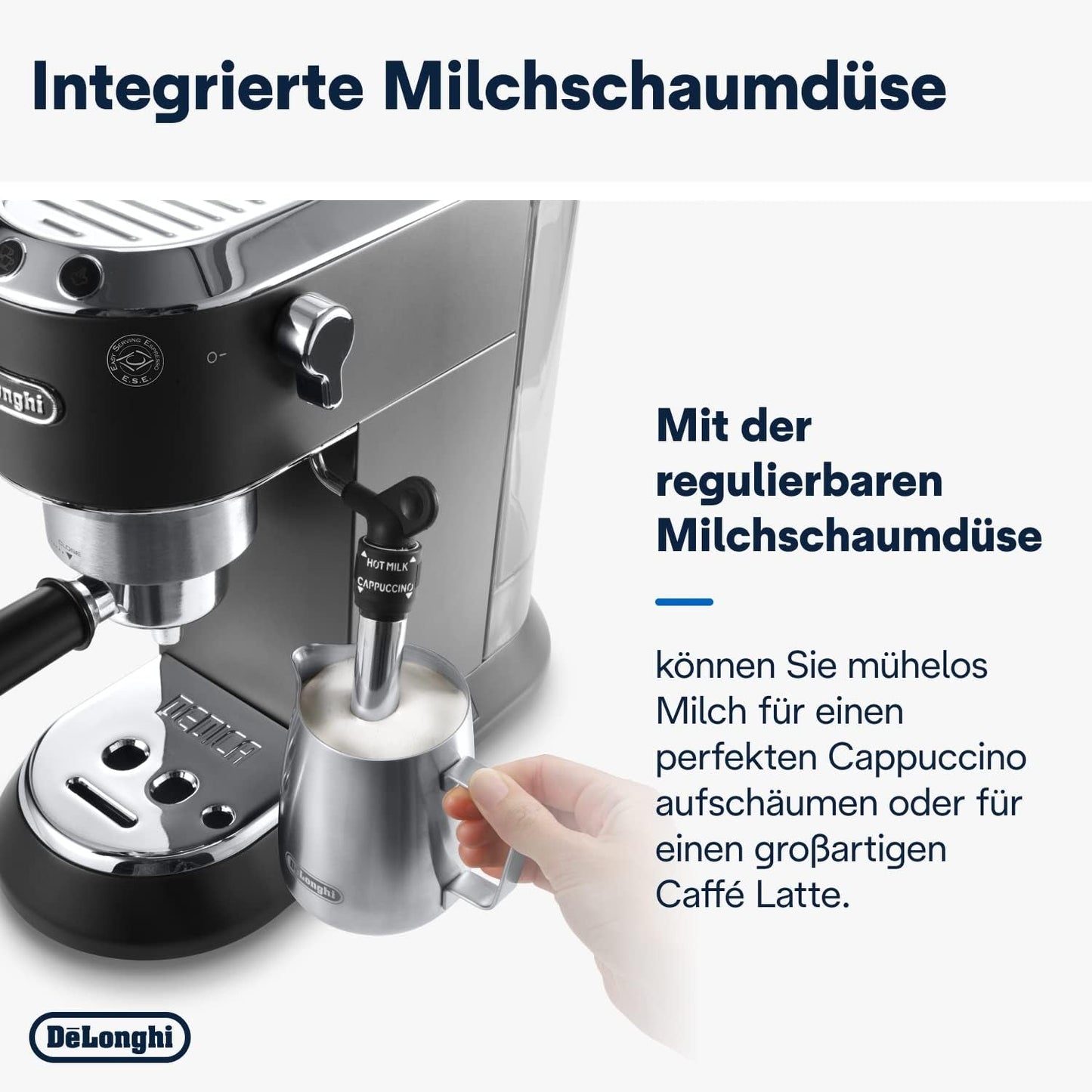 De'Longhi Dedica Style EC 685.B – Ekspres do espresso z kolbą, ekspres do kawy z profesjonalnym spieniaczem do mleka, szerokość tylko 15 cm, na kawę mieloną lub kapsułki ESE, zbiornik na wodę 1 l, kolor czarny