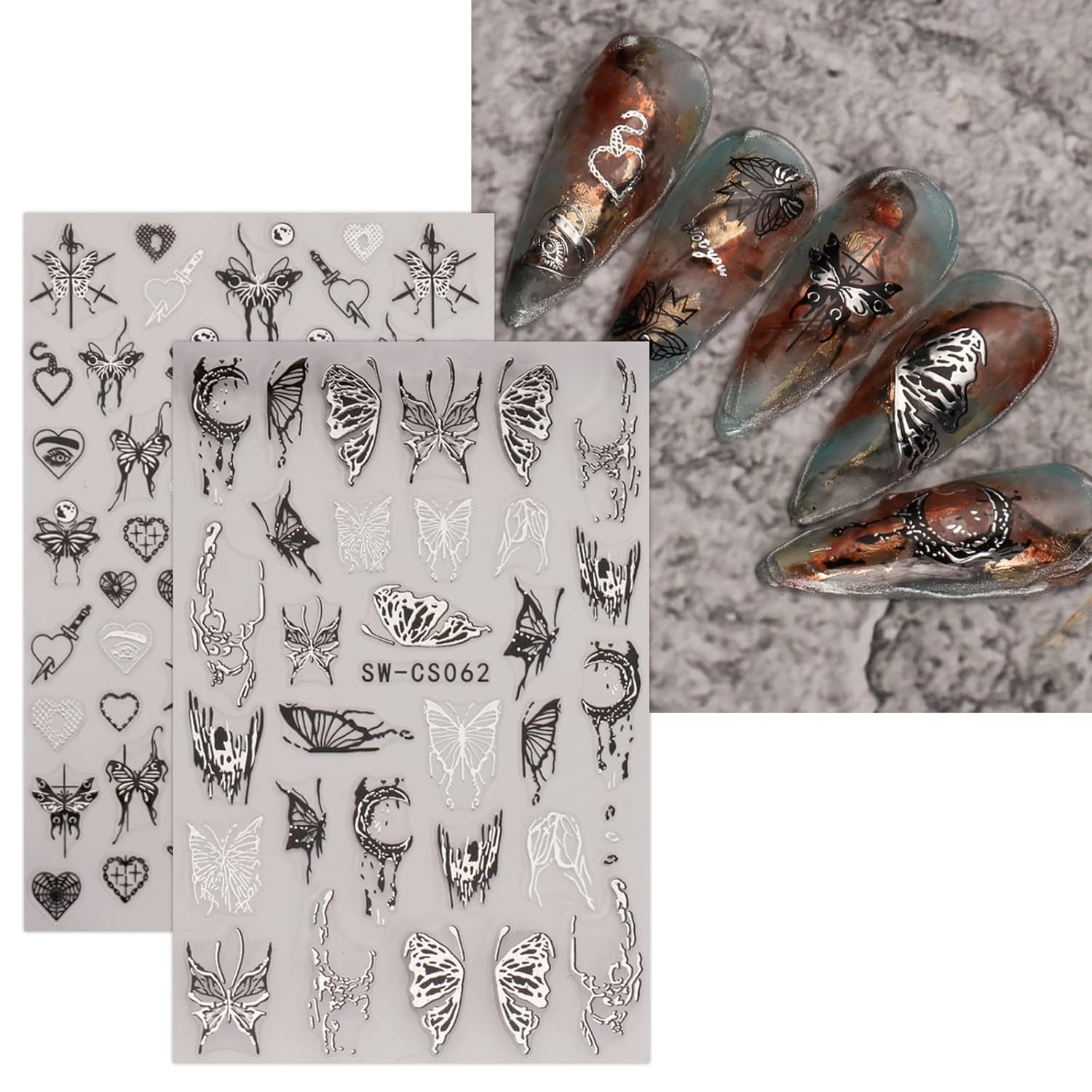 JMEOWIO Nagelsticker Schmetterling 9 Blatt Nail Art Naklejka Selbstklebend Nagelaufkleber Mond Dekoration Nageldesign Zubehör
