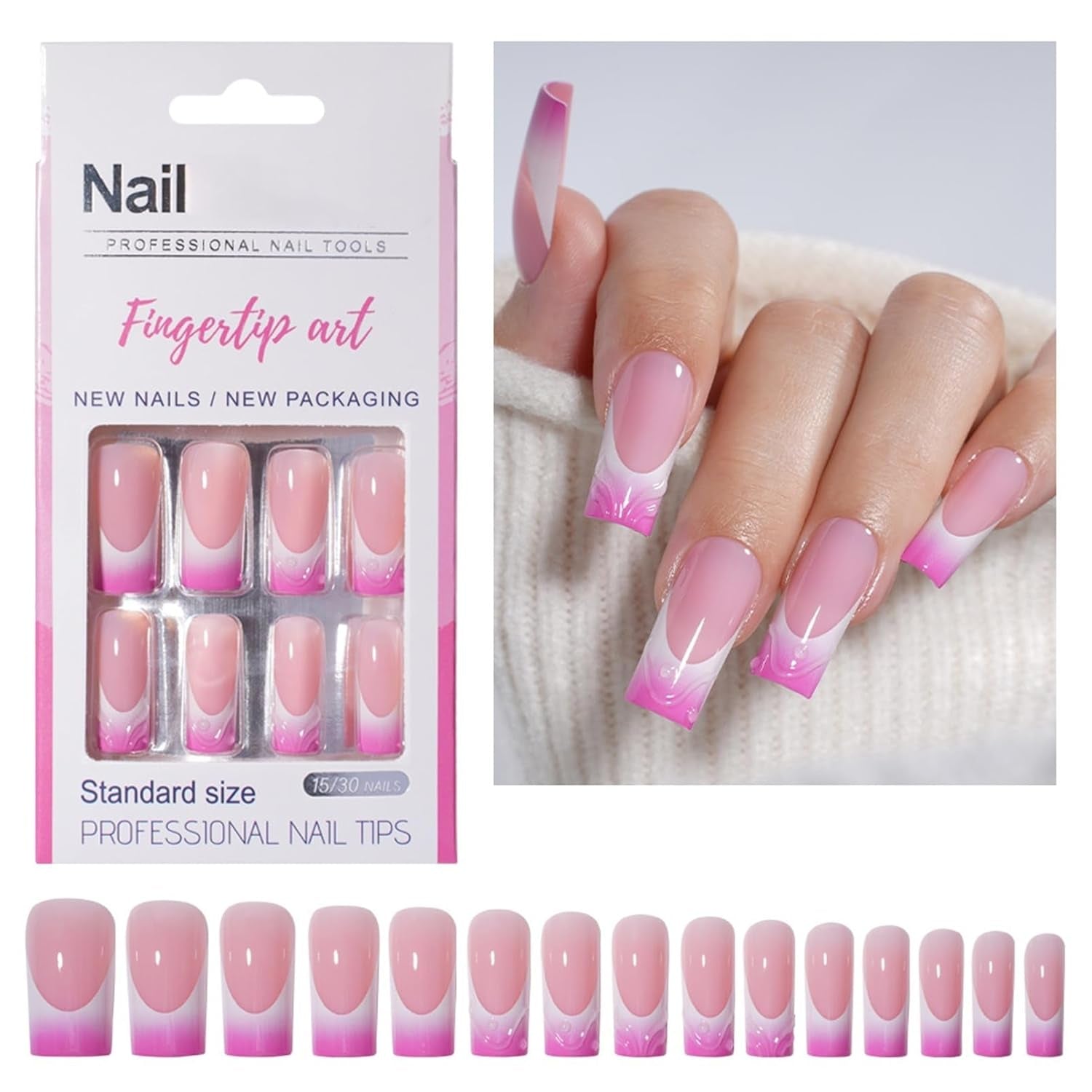 30 sztuk francuskie sztuczne paznokcie-klej na sztuczne paznokcie-miękkie paznokcie żelowe dla kobiet-akrylowe paznokcie samoprzylepne kwadratowy manicure (francuski różowy)