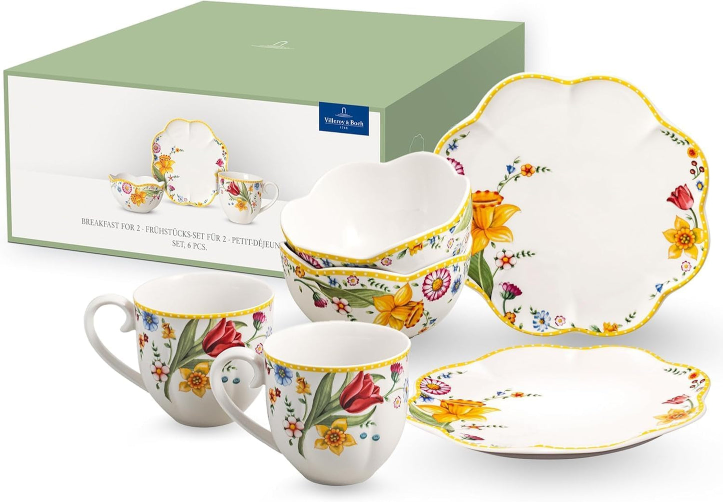 Villeroy & Boch - Zestaw śniadaniowy „Przebudzenie wiosny” dla 2 osób, 6 sztuk, Zestaw naczyń wielkanocnych, Śniadanie, Wielkanoc, Serwis kawowy, Wiosenna zastawa stołowa, Porcelana