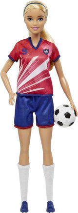 Seria Barbie „Możesz być kimkolwiek”, piłkarz, piłkarz o blond włosach, czerwono-niebieska koszulka, piłka, akcesoria, lalka w zestawie, prezent od 3 lat i więcej, HCN17