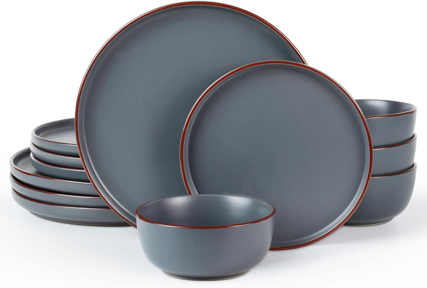 Zestaw naczyń obiadowych Mercury, 12-częściowy zestaw naczyń obiadowych, 4-osobowy zestaw naczyń kamionkowych z talerzami obiadowymi, talerzami deserowymi, miseczkami na płatki zbożowe, można używać w kuchence mikrofalowej i myć w zmywarce, węgiel drzewny